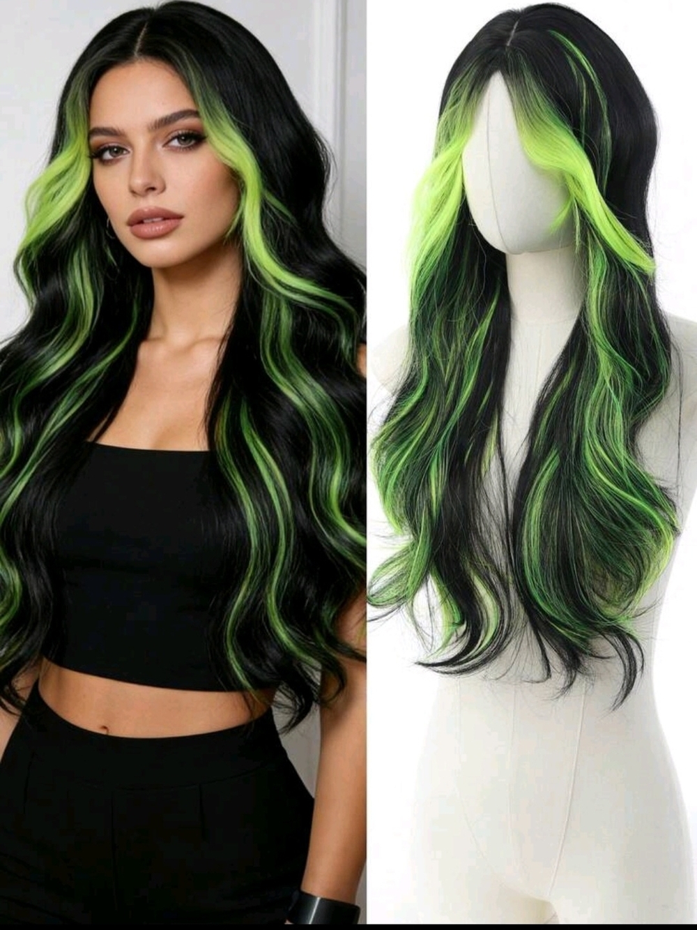 Neon Green Streak Long Wavy Wig - Women Hair